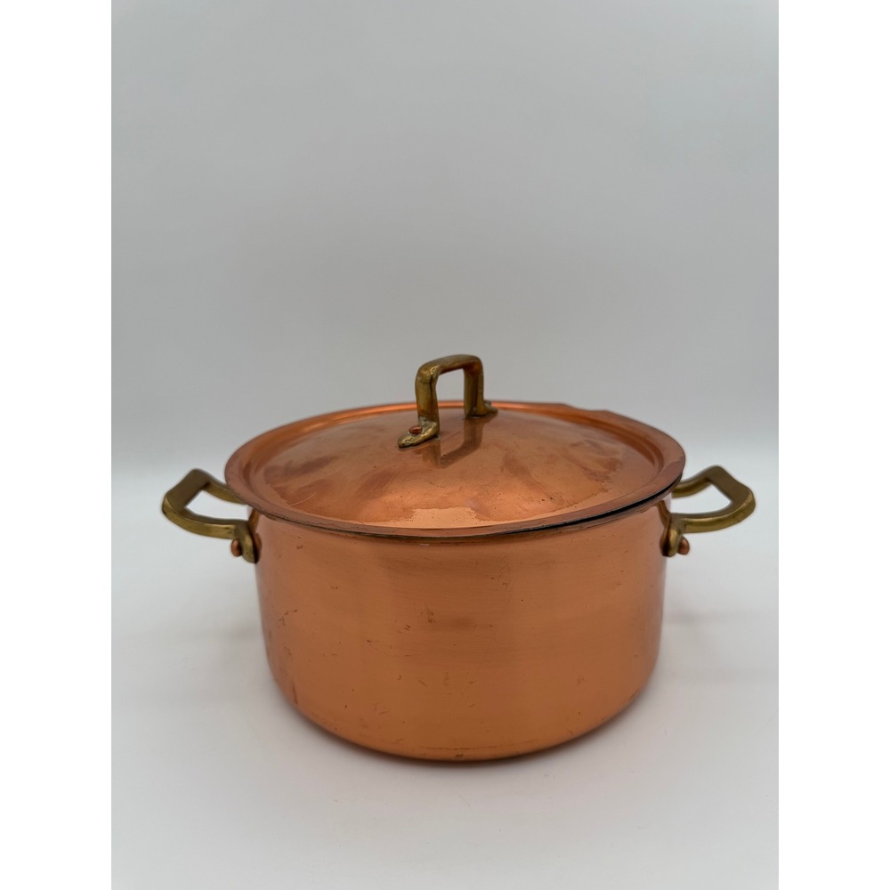 Vintage Made in Portugal Copper Stock Pot with Lid Brass Handles